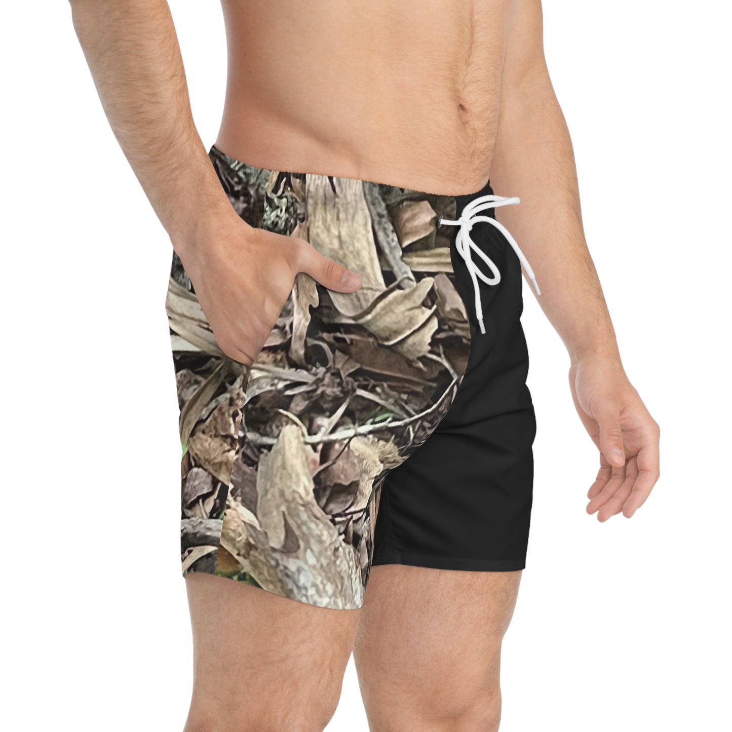Burdette Photography Camo Split Swim Trunks — Black & Woodland Leaf AOP