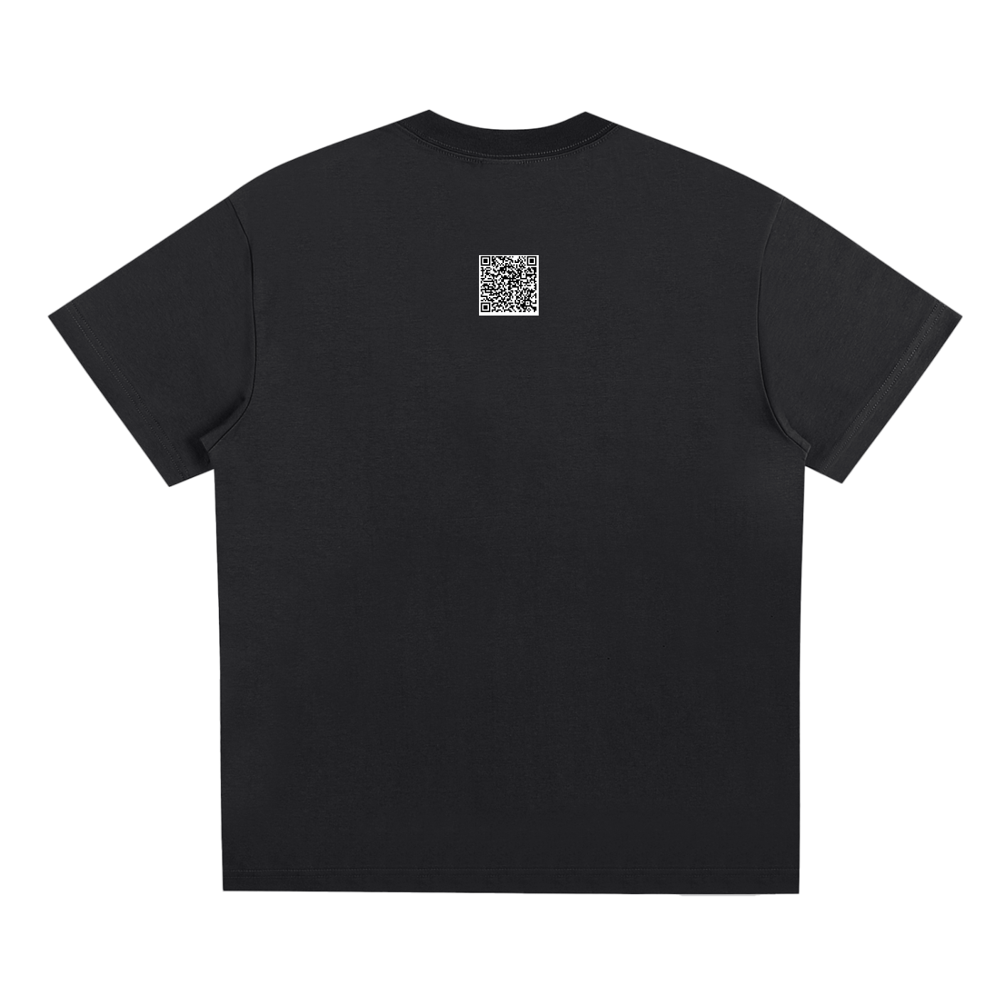 Black t-shirt with a small square logo on the back against a white background