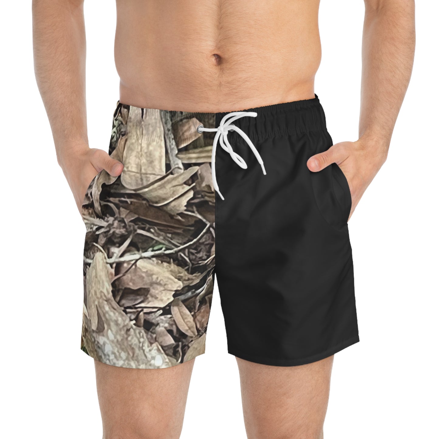Burdette Photography Camo Split Swim Trunks — Black & Woodland Leaf AOP