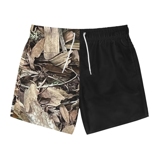 Burdette Photography Camo Split Swim Trunks — Black & Woodland Leaf AOP