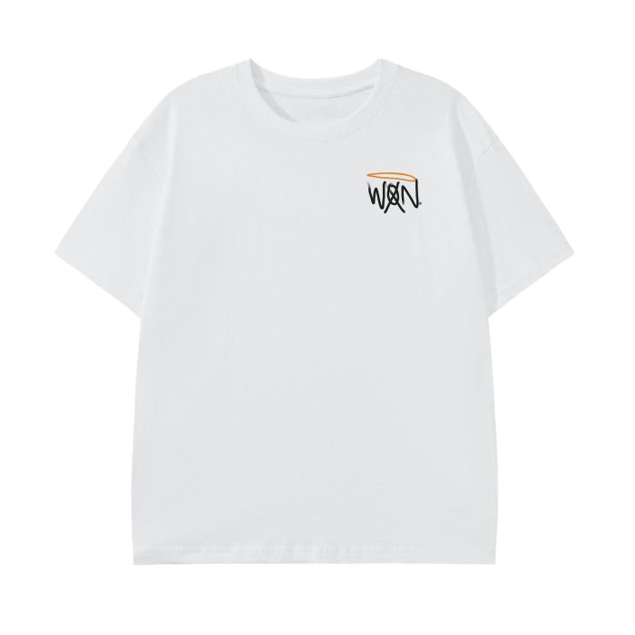 White t-shirt with a small logo on a white background